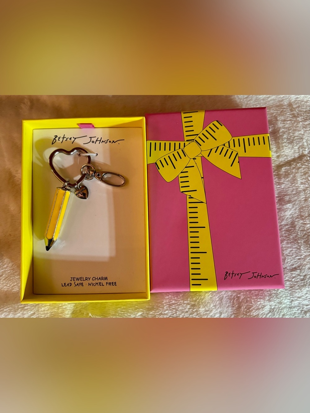 Betsey Johnson Yellow Pencil Charm Heart Shaped Key Ring/Bag Charm NIB   $48